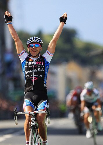 DUBLIN, IRELAND - AUGUST 21:  Russell Downing of Great Britain and CandiTV-Marshalls Pasta crosses the finish line to win Stage One of the 2009 Tour of Ireland from Enniskerry to Waterford on August 21, 2009 in Waterford, Ireland.  <br /><br /><span class="help">(Photo by Bryn Lennon/Getty Images)</span>