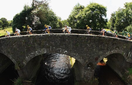 DUBLIN, IRELAND - AUGUST 21:  The riders cross a bridge during Stage One of the 2009 Tour of Ireland from Enniskerry to Waterford on August 21, 2009 in Waterford, Ireland.  <br /><br /><span class="help">(Photo by Bryn Lennon/Getty Images)</span>