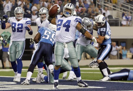 ARLINGTON, TX - AUGUST 21:  Running back Marion Barber #24 of the Dallas Cowboys celebrates in the first quarter after scoring against the Tennessee Titans during a preseason game at Cowboys Stadium on August 21, 2009 in Arlington, Texas. <br /><br /><span class="help">(Photo by Tom Pennington/Getty Images)</span>