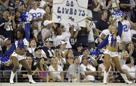 ARLINGTON, TX - AUGUST 21:  Dallas Cowboys Cheerleaders perform for the fans before the Cowboys take the field against the Tennessee Titans during a preseason game at Cowboys Stadium on August 21, 2009 in Arlington, Texas. <br /><br /><span class="help">(Photo by Tom Pennington/Getty Images)</span>