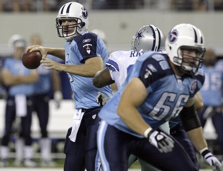 ARLINGTON, TX - AUGUST 21:  Quarterback Kerry Collins #5 of the Tennessee Titans looks for an open receiver in the first quarter against the Dallas Cowboys during a preseason game at Cowboys Stadium on August 21, 2009 in Arlington, Texas. <br /><br /><span class="help">(Photo by Tom Pennington/Getty Images)</span>