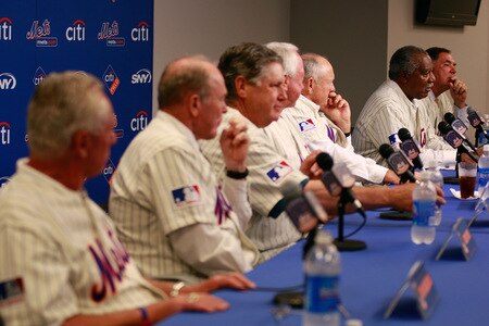 NEW YORK - AUGUST 22:  Cleon Jones speaks while the rest of the teammates look on at a press conference commemorating the New York Mets 40th anniversary of the 1969 World Championship teamon August 22, 2009 at Citi Field in the Flushing neighborhood of the Queens borough of New York City.  <br /><br /><span class="help">(Photo by Jared Wickerham/Getty Images)</span>