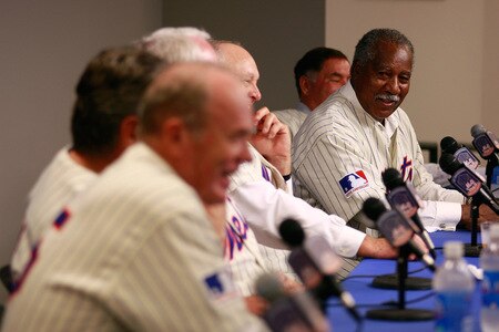 NEW YORK - AUGUST 22:  Cleon Jones speaks while the rest of the teammates look on at a press conference commemorating the New York Mets 40th anniversary of the 1969 World Championship teamon August 22, 2009 at Citi Field in the Flushing neighborhood of the Queens borough of New York City.  <br /><br /><span class="help">(Photo by Jared Wickerham/Getty Images)</span>
