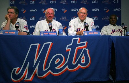 NEW YORK - AUGUST 22:  Tom Seaver, Jerry Koosman, Nolan Ryan, and Cleon Jones speak at a press conference commemorating the New York Mets 40th anniversary of the 1969 World Championship team on August 22, 2009 at Citi Field in the Flushing neighborhood of the Queens borough of New York City.  <br /><br /><span class="help">(Photo by Jared Wickerham/Getty Images)</span>