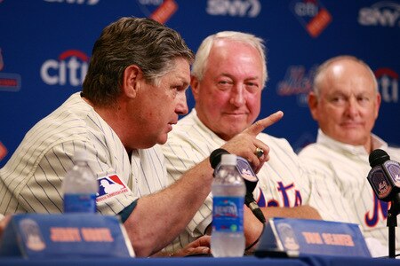 NEW YORK - AUGUST 22:  Tom Seaver speaks while Jerry Koosman and Nolan Ryan look on at a press conference commemorating the New York Mets 40th anniversary of the 1969 World Championship team on August 22, 2009 at Citi Field in the Flushing neighborhood of the Queens borough of New York City.  <br /><br /><span class="help">(Photo by Jared Wickerham/Getty Images)</span>