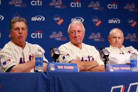 NEW YORK - AUGUST 22:  Tom Seaver speaks while Jerry Koosman and Nolan Ryan look on at a press conference commemorating the New York Mets 40th anniversary of the 1969 World Championship team on August 22, 2009 at Citi Field in the Flushing neighborhood of the Queens borough of New York City.  <br /><br /><span class="help">(Photo by Jared Wickerham/Getty Images)</span>