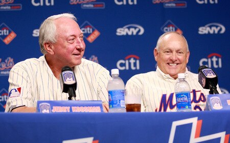 NEW YORK - AUGUST 22:  Jerry Koosman and Nolan Ryan speak at a press conference commemorating the New York Mets 40th anniversary of the 1969 World Championship team on August 22, 2009 at Citi Field in the Flushing neighborhood of the Queens borough of New York City.  <br /><br /><span class="help">(Photo by Jared Wickerham/Getty Images)</span>