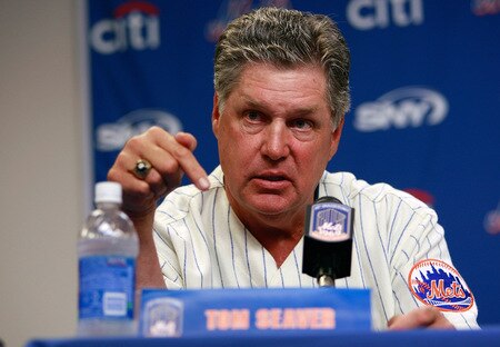 NEW YORK - AUGUST 22:  Tom Seaver speaks at a press conference commemorating the New York Mets 40th anniversary of the 1969 World Championship team on August 22, 2009 at Citi Field in the Flushing neighborhood of the Queens borough of New York City.  <br /><br /><span class="help">(Photo by Jared Wickerham/Getty Images)</span>
