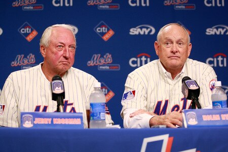 NEW YORK - AUGUST 22:  Jerry Koosman and Nolan Ryan look on during a press conference commemorating the New York Mets 40th anniversary of the 1969 World Championship team on August 22, 2009 at Citi Field in the Flushing neighborhood of the Queens borough of New York City.  <br /><br /><span class="help">(Photo by Jared Wickerham/Getty Images)</span>