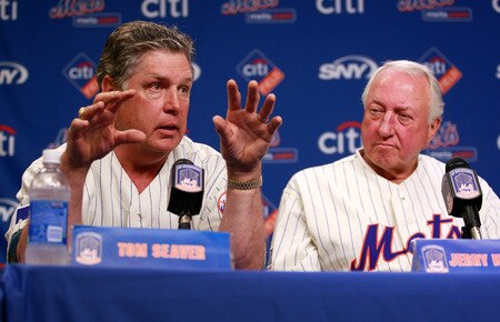 NEW YORK - AUGUST 22:  Tom Seaver and Jerry Koosman speak at a press conference commemorating the New York Mets 40th anniversary of the 1969 World Championship team on August 22, 2009 at Citi Field in the Flushing neighborhood of the Queens borough of New York City.  <br /><br /><span class="help">(Photo by Jared Wickerham/Getty Images)</span>
