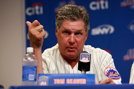 NEW YORK - AUGUST 22:  Tom Seaver speaks at a press conference commemorating the New York Mets 40th anniversary of the 1969 World Championship team on August 22, 2009 at Citi Field in the Flushing neighborhood of the Queens borough of New York City.  <br /><br /><span class="help">(Photo by Jared Wickerham/Getty Images)</span>