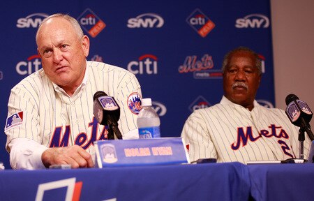 NEW YORK - AUGUST 22:  Nolan Ryan speaks while Cleon Jones looks on during a press conference commemorating the New York Mets 40th anniversary of the 1969 World Championship team on August 22, 2009 at Citi Field in the Flushing neighborhood of the Queens borough of New York City.  <br /><br /><span class="help">(Photo by Jared Wickerham/Getty Images)</span>
