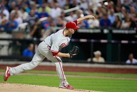NEW YORK - AUGUST 22:  J.A. Happ #43 of the Philadelphia Phillies pitches against the New York Mets in the first inning during the game on August 22, 2009 at Citi Field in the Flushing neighborhood of the Queens borough of New York City.  <br /><br /><span class="help">(Photo by Jared Wickerham/Getty Images)</span>