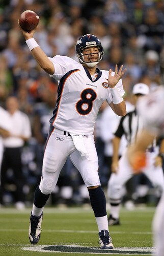 SEATTLE - AUGUST 22:  Quarterback  Kyle Orton #8 of the Denver Broncos passes against the Seattle Seahawks on August 22, 2009 at Qwest Field in Seattle, Washington. <br /><br /><span class="help">(Photo by Otto Greule Jr/Getty Images)</span>