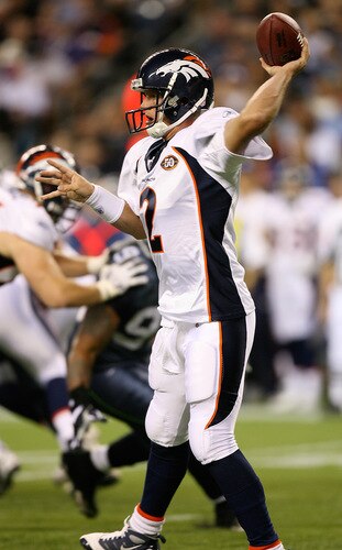 SEATTLE - AUGUST 22:  Quarterback Chris Simms #2 of the Denver Broncos passes against the Seattle Seahawks on August 22, 2009 at Qwest Field in Seattle, Washington. The Seahawks defeated the Broncos 27-13. <br /><br /><span class="help">(Photo by Otto Greule Jr/Getty Images)</span>