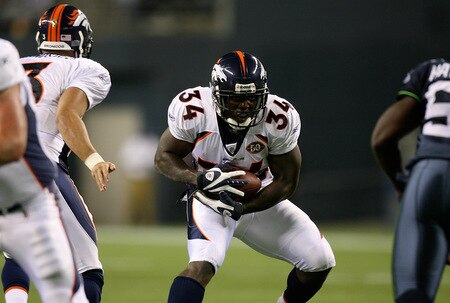 SEATTLE - AUGUST 22:  Running back Darius Walker #34 of the Denver Broncos rushes against the Seattle Seahawks on August 22, 2009 at Qwest Field in Seattle, Washington. The Seahawks defeated the Broncos 27-13. <br /><br /><span class="help">(Photo by Otto Greule Jr/Getty Images)</span>