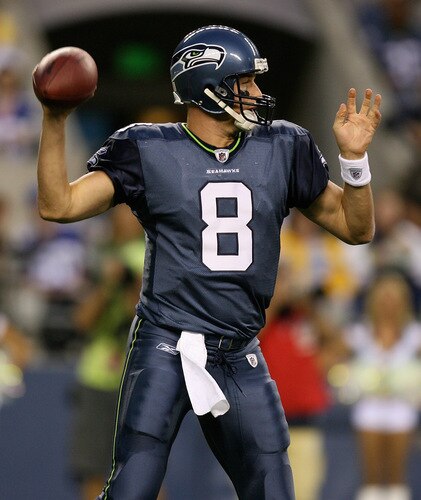 SEATTLE - AUGUST 22:  Quarterback Matt Hasselbeck #8 of the Seattle Seahawks passes against the Denver Broncos on August 22, 2009 at Qwest Field in Seattle, Washington. The Seahawks defeated the Broncos 27-13. <br /><br /><span class="help">(Photo by Otto Greule Jr/Getty Images)</span>