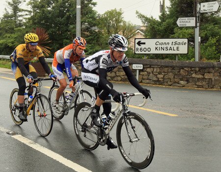 CORK, IRELAND - AUGUST 23:  Stuart O'Grady of Australia and Saxo Bank leads the breakaway group through the rain during Stage Three of the 2009 Tour of Ireland from Bantry to Cork on August 23, 2009 in Cork, Ireland.  <br /><br /><span class="help">(Photo by Bryn Lennon/Getty Images)</span>