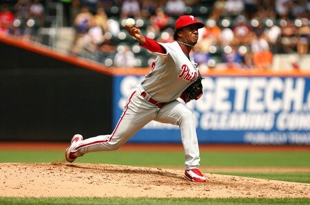 NEW YORK - AUGUST 23:  Starting pitcher Pedro Martinez #45 of the Philadelphia Phillies throws a pitch against the New York Mets on August 23, 2009 at Citi Field in the Flushing neighborhood of the Queens borough of New York City.  <br /><br /><span class="help">(Photo by Al Bello/Getty Images)</span>