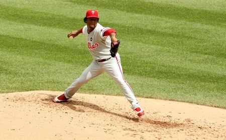 NEW YORK - AUGUST 23:  Starting pitcher Pedro Martinez #45 of the Philadelphia Phillies throws a pitch in the first inning against the New York Mets on August 23, 2009 at Citi Field in the Flushing neighborhood of the Queens borough of New York City.  <br /><br /><span class="help">(Photo by Al Bello/Getty Images)</span>
