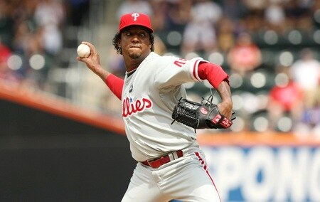 NEW YORK - AUGUST 23:  Starting pitcher Pedro Martinez #45 of the Philadelphia Phillies throws a pitch against the New York Mets on August 23, 2009 at Citi Field in the Flushing neighborhood of the Queens borough of New York City.  <br /><br /><span class="help">(Photo by Al Bello/Getty Images)</span>