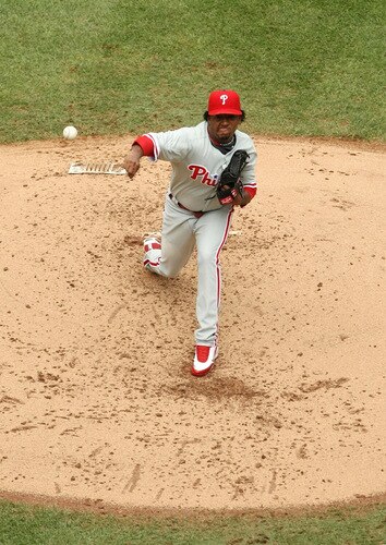 NEW YORK - AUGUST 23:  Starting pitcher Pedro Martinez #45 of the Philadelphia Phillies throws a pitch against the New York Mets on August 23, 2009 at Citi Field in the Flushing neighborhood of the Queens borough of New York City.  <br /><br /><span class="help">(Photo by Al Bello/Getty Images)</span>