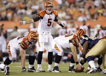 CINCINNATI, OH - AUGUST 27:  Quarterback Jordan Palmer #5 of the Cincinnati Bengals calls out signals before the snap during the preseason game against the St. Louis Rams at Paul Brown Stadium on August 27, 2009 in Cincinnati, Ohio. <br /><br /><span class="help">(Photo by Andy Lyons/Getty Images)</span>