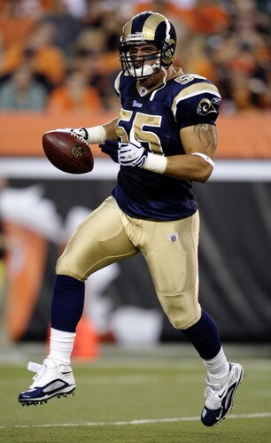 CINCINNATI, OH - AUGUST 27:  Linebacker James Laurinaitis #55 of the St. Louis Rams celebrates after recovering a fumble against the Cincinnati Bengals during the preseason game at Paul Brown Stadium on August 27, 2009 in Cincinnati, Ohio. <br /><br /><span class="help">(Photo by Andy Lyons/Getty Images)</span>