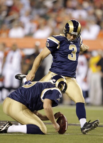 CINCINNATI, OH - AUGUST 27:  Kicker Josh Brown #3 of the St. Louis Rams attempts a field goal during the preseason game against the Cincinnati Bengals at Paul Brown Stadium on August 27, 2009 in Cincinnati, Ohio. <br /><br /><span class="help">(Photo by Andy Lyons/Getty Images)</span>