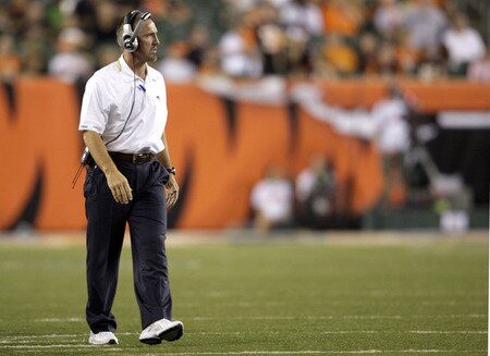 CINCINNATI, OH - AUGUST 27:  Head coach Steve Spagnuolo of the St. Louis Rams looks on from the sideline during the preseason game against the Cincinnati Bengals at Paul Brown Stadium on August 27, 2009 in Cincinnati, Ohio. <br /><br /><span class="help">(Photo by Andy Lyons/Getty Images)</span>