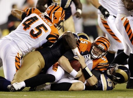 CINCINNATI, OH - AUGUST 27:  Quarterback Jordan Palmer #5 of the Cincinnati Bengals is tackled during the preseason game against the St. Louis Rams at Paul Brown Stadium on August 27, 2009 in Cincinnati, Ohio. <br /><br /><span class="help">(Photo by Andy Lyons/Getty Images)</span>