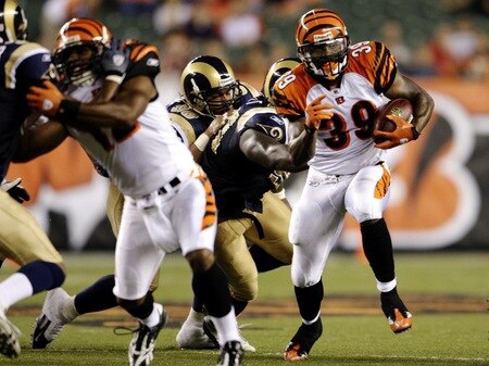 CINCINNATI, OH - AUGUST 27:  Running back James Johnson #39 of the Cincinnati Bengals runs the ball against the St. Louis Rams during the preseason game at Paul Brown Stadium on August 27, 2009 in Cincinnati, Ohio. <br /><br /><span class="help">(Photo by Andy Lyons/Getty Images)</span>