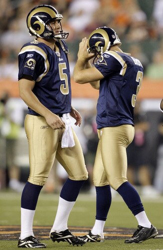 CINCINNATI, OH - AUGUST 27:  Kicker Josh Brown #3 (R) and punter Donnie Jones #5 of the St. Louis Rams react after a field goal attempt during the preseason game against the Cincinnati Bengals at Paul Brown Stadium on August 27, 2009 in Cincinnati, Ohio. <br /><br /><span class="help">(Photo by Andy Lyons/Getty Images)</span>