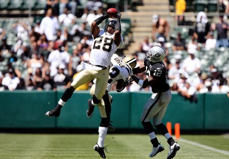 OAKLAND, CA - AUGUST 29:  Cornerback Usama Young #28 of the New Orleans Saints breaks up a pass intended for wide receiver Darrius Heyward-Bey #12 of the Oakland Raiders during the preseason game at Oakland-Alameda County Coliseum on August 29, 2009 in Oakland, California. <br /><br /><span class="help">(Photo by Jed Jacobsohn/Getty Images)</span>