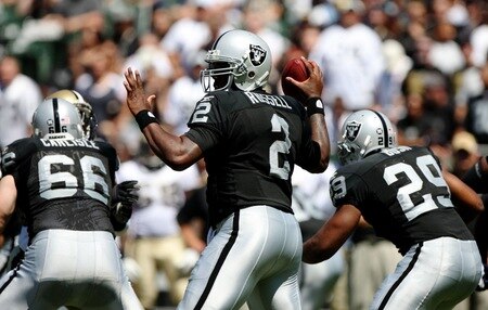OAKLAND, CA - AUGUST 29:  Quarterback JaMarcus Russell #2 of the Oakland Raiders looks to pass during the preseason game against the the New Orleans Saints at Oakland-Alameda County Coliseum on August 29, 2009 in Oakland, California. <br /><br /><span class="help">(Photo by Jed Jacobsohn/Getty Images)</span>