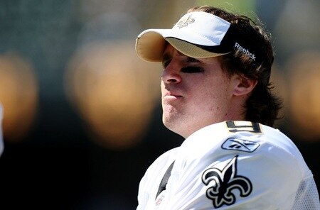 OAKLAND, CA - AUGUST 29:  Quarterback Drew Brees #9 of the New Orleans Saints looks on from the sideline during the preseason game against the Oakland Raiders at Oakland-Alameda County Coliseum on August 29, 2009 in Oakland, California. <br /><br /><span class="help">(Photo by Jed Jacobsohn/Getty Images)</span>