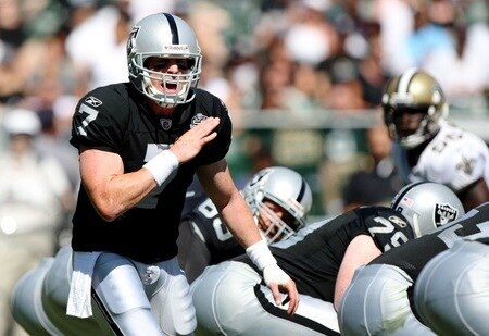OAKLAND, CA - AUGUST 29:  Quarterback Jeff Garcia #7 of the Oakland Raiders calls signals before the snap during the preseason game against the New Orleans Saints at Oakland-Alameda County Coliseum on August 29, 2009 in Oakland, California. <br /><br /><span class="help">(Photo by Jed Jacobsohn/Getty Images)</span>
