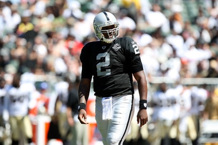 OAKLAND, CA - AUGUST 29:  Quarterback JaMarcus Russell #2 of the Oakland Raiders looks on against the New Orleans Saints during an NFL preseason game at Oakland-Alameda County Coliseum on August 29, 2009 in Oakland, California.  <br /><br /><span class="help">(Photo by Jed Jacobsohn/Getty Images)</span>