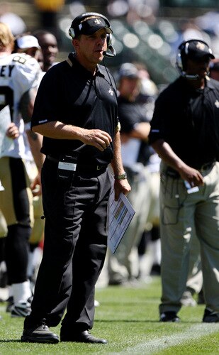 OAKLAND, CA - AUGUST 29:  Head coach Sean Payton of the New Orleans Saints looks on from the sideline during the preseason game against the Oakland Raiders at Oakland-Alameda County Coliseum on August 29, 2009 in Oakland, California. <br /><br /><span class="help">(Photo by Jed Jacobsohn/Getty Images)</span>