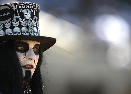 OAKLAND, CA - AUGUST 29: A fan of the Oakland Raiders looks on during a preseason game against the New Orleans Saints at Oakland-Alameda County Coliseum on August 29, 2009 in Oakland, California. <br /><br /><span class="help">(Photo by Jed Jacobsohn/Getty Images)</span>