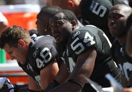 OAKLAND, CA - AUGUST 29:  Sam Williams #54 of the Oakland Raiders looks on against the New Orleans Saints during an NFL preseason game at Oakland-Alameda County Coliseum on August 29, 2009 in Oakland, California.  <br /><br /><span class="help">(Photo by Jed Jacobsohn/Getty Images)</span>