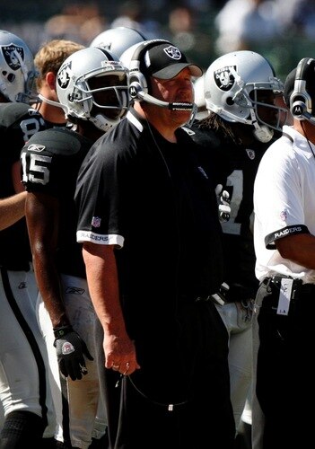 OAKLAND, CA - AUGUST 29:  Head coach Tom Cable of the Oakland Raiders looks on from the sideline during the preseason game against the New Orleans Saints at Oakland-Alameda County Coliseum on August 29, 2009 in Oakland, California. <br /><br /><span class="help">(Photo by Jed Jacobsohn/Getty Images)</span>