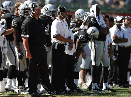 OAKLAND, CA - AUGUST 29:  Head coach Tom Cable of the Oakland Raiders looks on against the New Orleans Saints during an NFL preseason game at Oakland-Alameda County Coliseum on August 29, 2009 in Oakland, California.  <br /><br /><span class="help">(Photo by Jed Jacobsohn/Getty Images)</span>
