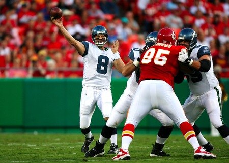 KANSAS CITY, MO - AUGUST 29: Quarterback Matt Hasselbeck #8 of the Seattle Seahawks throws a pass in the first quarter against the Kansas City Chiefs during their preseason game at Arrowhead Stadium on August 29, 2009 in Kansas City, Missouri. <br /><br /><span class="help">(Photo by Dilip Vishwanat/Getty Images)</span>