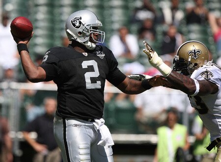 OAKLAND, CA - AUGUST 29:  Quarterback JaMarcus Russell #2 of the Oakland Raiders passes against the New Orleans Saints during an NFL preseason game at Oakland-Alameda County Coliseum on August 29, 2009 in Oakland, California.  <br /><br /><span class="help">(Photo by Jed Jacobsohn/Getty Images)</span>
