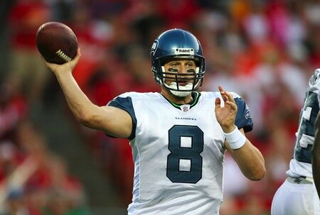 KANSAS CITY, MO - AUGUST 29: Quarterback Matt Hasselbeck #8 of the Seattle Seahawks throws a pass against the Kansas City Chiefs during their preseason game at Arrowhead Stadium on August 29, 2009 in Kansas City, Missouri. <br /><br /><span class="help">(Photo by Dilip Vishwanat/Getty Images)</span>