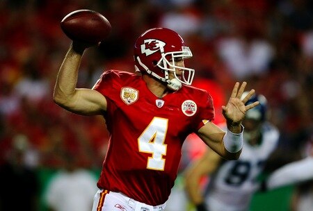KANSAS CITY, MO - AUGUST 29: Quarterback Tyler Thigpen #4 of the Kansas City Chiefs throws a pass against the Seattle Seahawks during their preseason game at Arrowhead Stadium on August 29, 2009 in Kansas City, Missouri. <br /><br /><span class="help">(Photo by Dilip Vishwanat/Getty Images)</span>