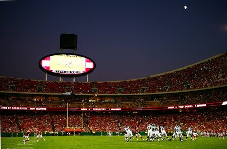 KANSAS CITY, MO - AUGUST 29: A general view as seen as Matt Hasselbeck #8 of the Seattle Seahawks is dropping back to pass against the Kansas City Chiefs during their preseason game at Arrowhead Stadium on August 29, 2009 in Kansas City, Missouri. <br /><br /><span class="help">(Photo by Dilip Vishwanat/Getty Images)</span>