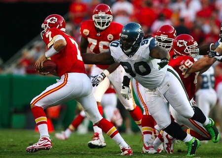 KANSAS CITY, MO - AUGUST 29: Quarterback Matt Cassel #7 of the Kansas City Chiefs is pressured by Colin Cole #90 of the Seattle Seahawks during their preseason game at Arrowhead Stadium on August 29, 2009 in Kansas City, Missouri. <br /><br /><span class="help">(Photo by Dilip Vishwanat/Getty Images)</span>