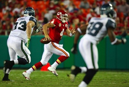 KANSAS CITY, MO - AUGUST 29: Quarterback Tyler Thigpen #4 of the Kansas City Chiefs runs with the ball against the Seattle Seahawks during their preseason game at Arrowhead Stadium on August 29, 2009 in Kansas City, Missouri. <br /><br /><span class="help">(Photo by Dilip Vishwanat/Getty Images)</span>